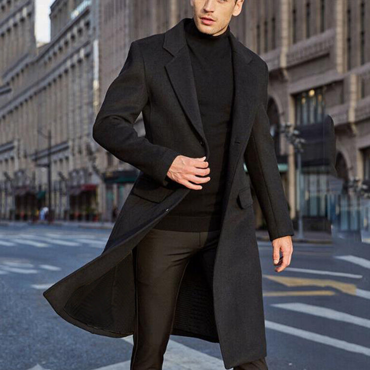 Herren Langmantel aus Wolle Elegant mit Revers Schwarz - BerlinGlamour