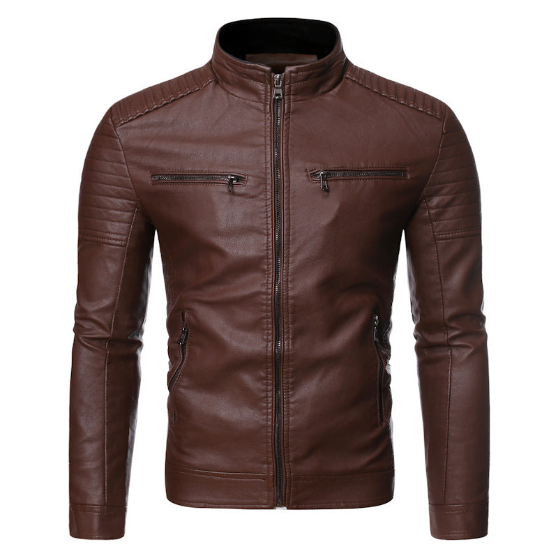 Lederjacke Herren Bikerstil mit Reißverschluss und Taschen Schwarz