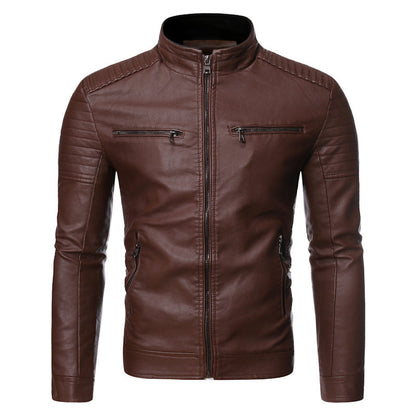 Lederjacke Herren Bikerstil mit Reißverschluss und Taschen Schwarz