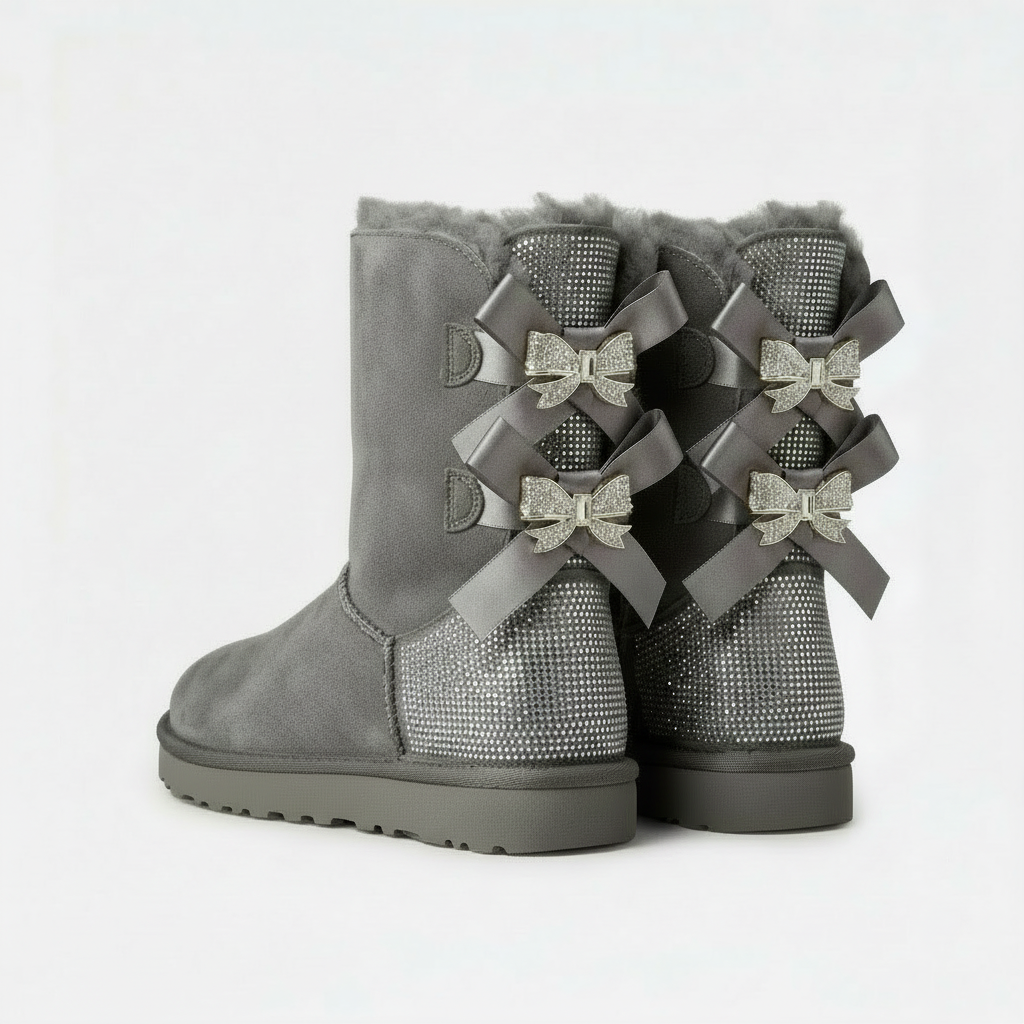 graue wildleder winterstiefel mit glitzerfersen und doppelschleifen