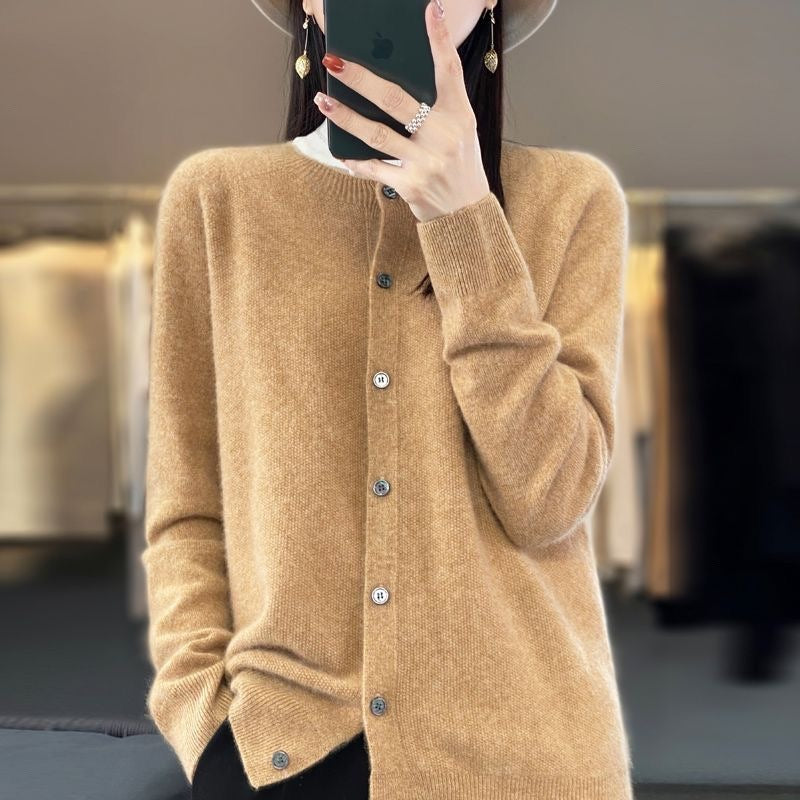 Damen Strickjacke Merino Wolle Rundhals Langärmlig