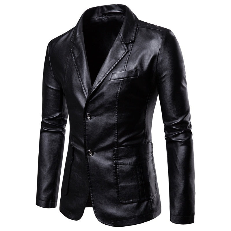 Herren Blazer Slim Fit Kunstleder Elegant Schwarz