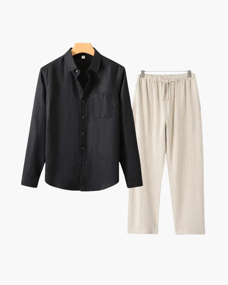Herren Leinenanzug Sommer Zweiteiler Langarm Hose Hemd Set