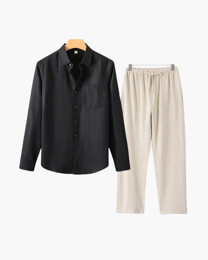 Herren Leinenanzug Sommer Zweiteiler Langarm Hose Hemd Set