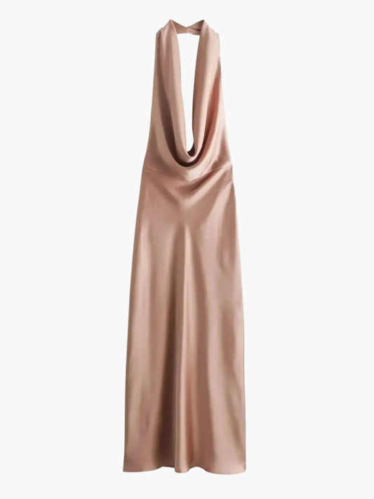 Elegantes Satin Maxikleid mit Wasserfallkragen Damen - BerlinGlamour