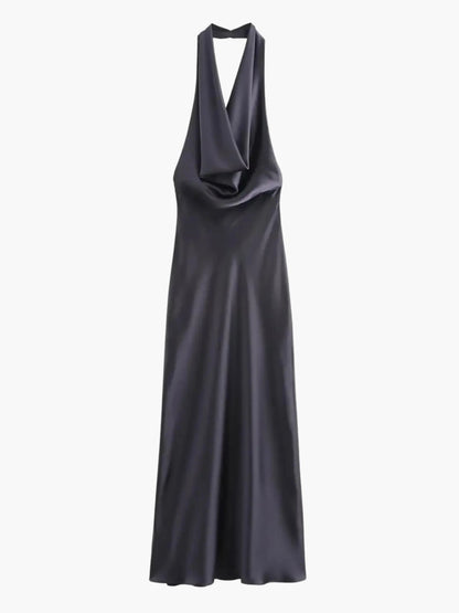 Elegantes Satin Maxikleid mit Wasserfallkragen Damen