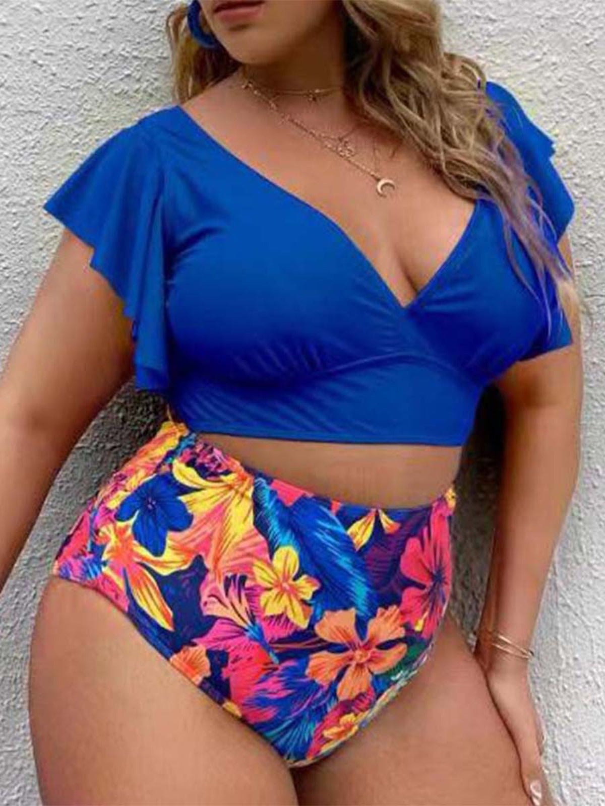 Badeanzug Groß Größe Hochtaille Rüschendruck Damen