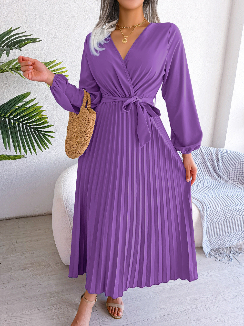 Elegantes Maxikleid Damen Plissee Gürtel Langkleid Schwarz