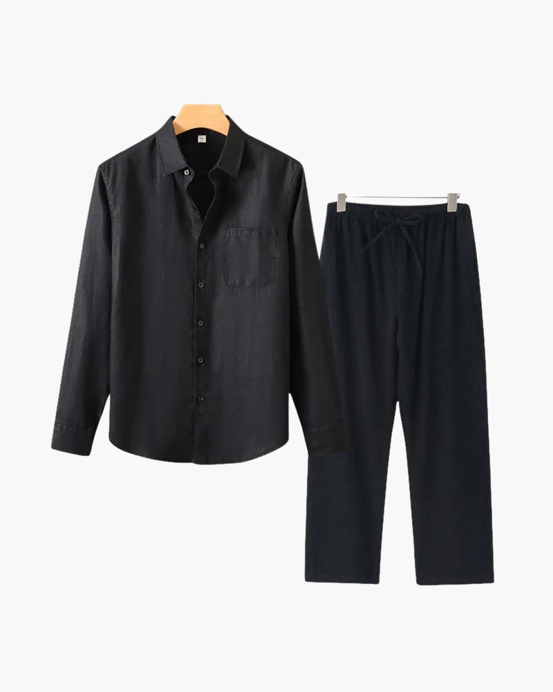 Herren Leinenanzug Sommer Zweiteiler Langarm Hose Hemd Set