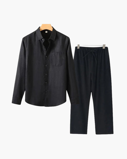 Herren Leinenanzug Sommer Zweiteiler Langarm Hose Hemd Set