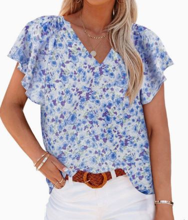 Damen Bluse V-Ausschnitt Blumenmuster Elegant