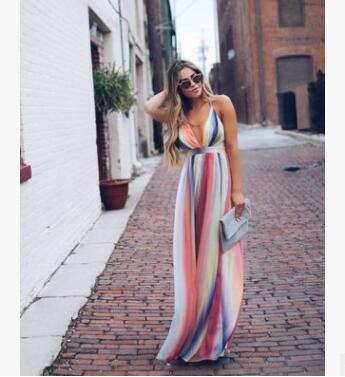 Farbenfrohes Maxikleid Damen Bunt Gestreift Sommerkleid