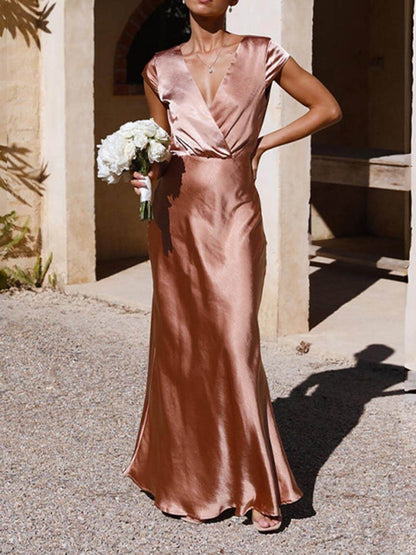 Elegantes Maxikleid Damen Satin Fishtail Ausschnitt