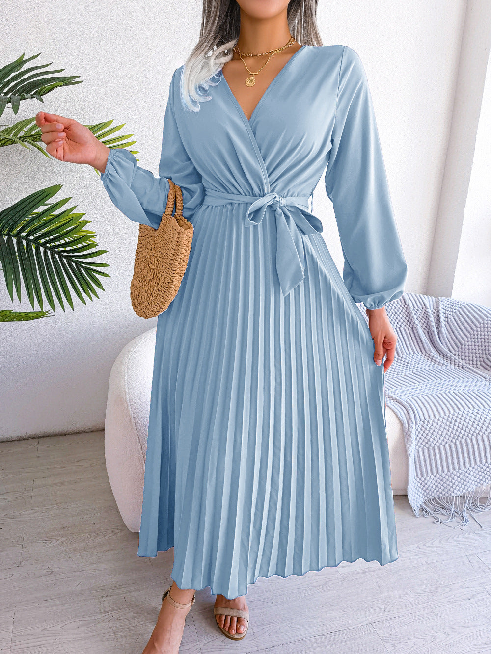 Elegantes Maxikleid Damen Plissee Gürtel Langkleid Schwarz