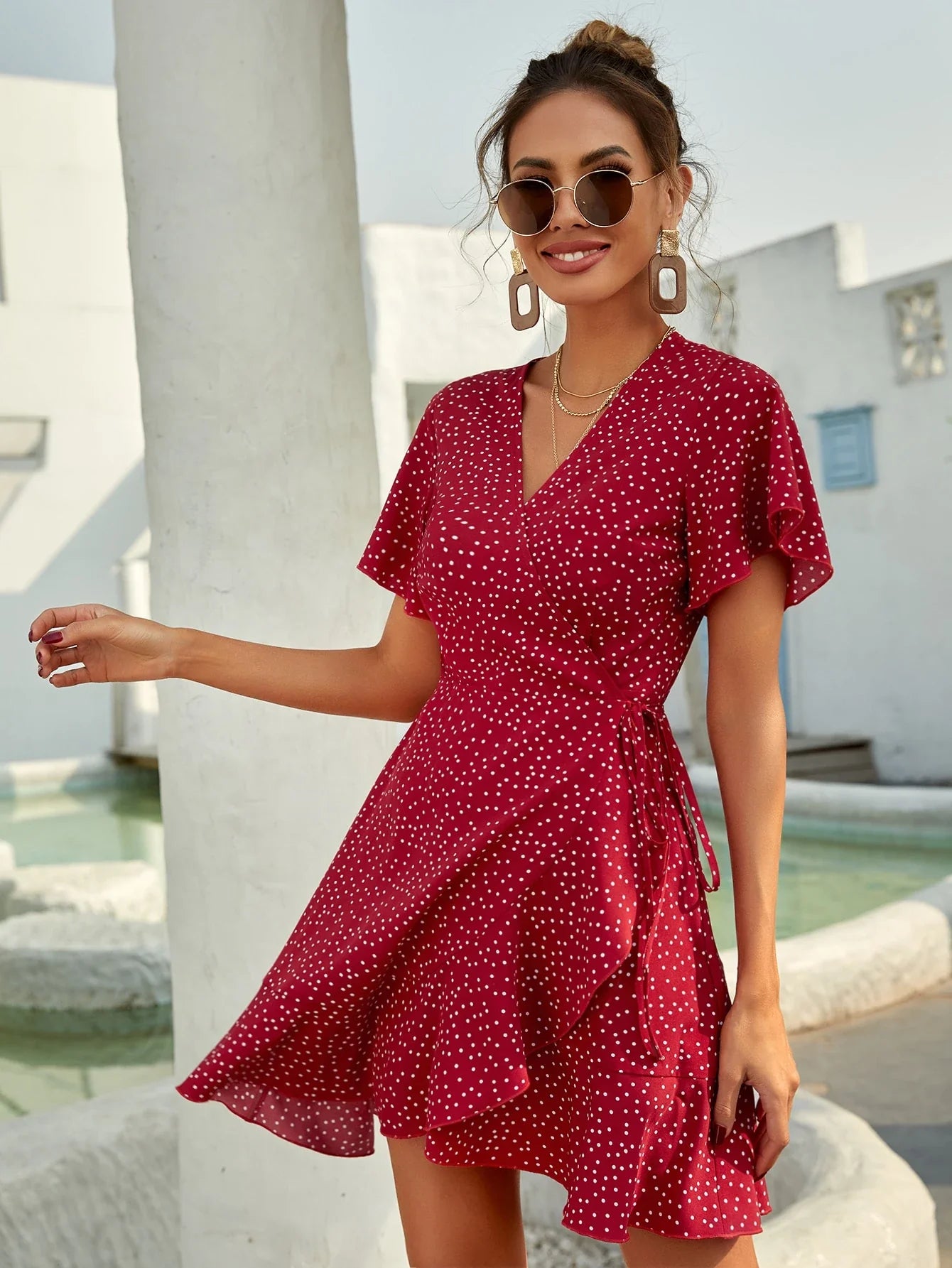 Rotes Sommerkleid mit Punkten Volants Kurz - BerlinGlamour
