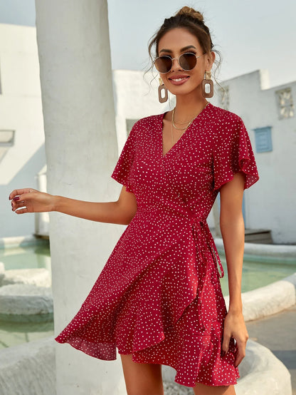 Rotes Sommerkleid mit Punkten Volants Kurz - BerlinGlamour