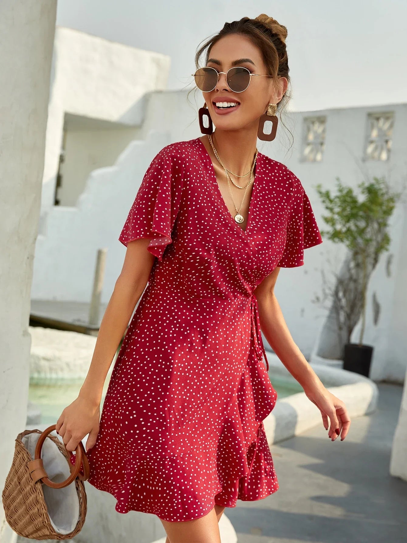 Rotes Sommerkleid mit Punkten Volants Kurz