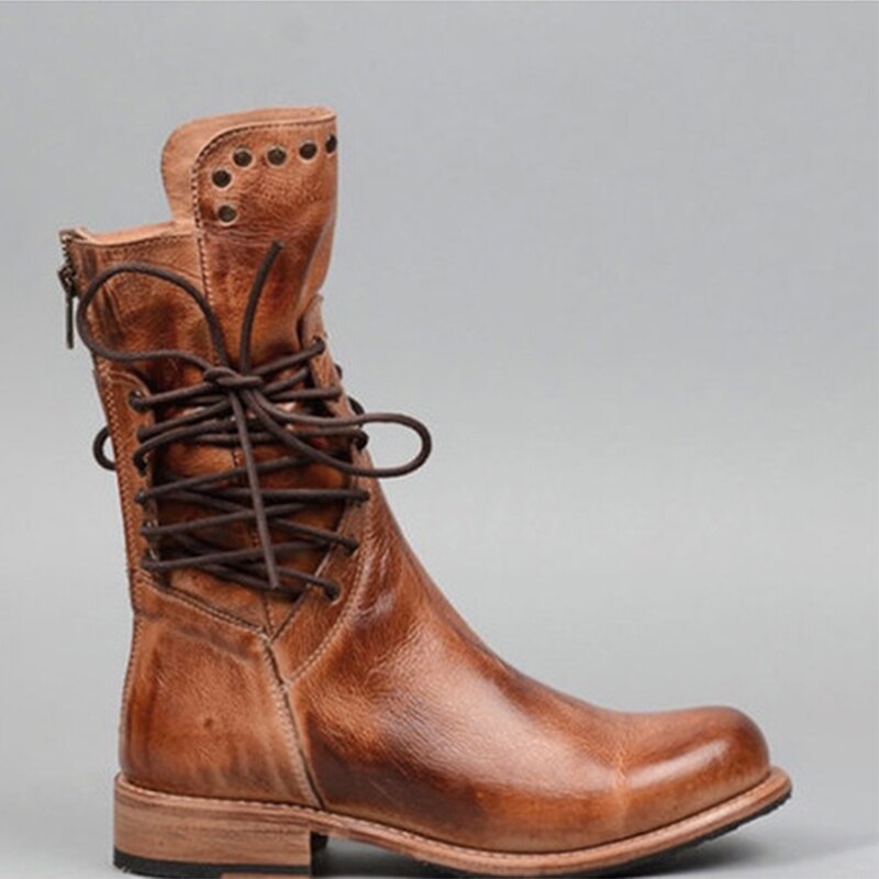 Damen Lederstiefel Vintage Halbhohe Stiefel Schwarz - BerlinGlamour
