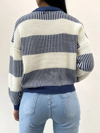Blauer Frauenpullover Gestreift Lässig Kaschmir