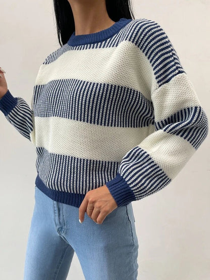 Blauer Frauenpullover Gestreift Lässig Kaschmir