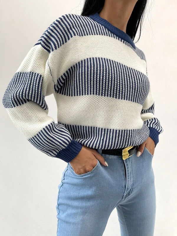 Blauer Frauenpullover Gestreift Lässig Kaschmir - BerlinGlamour