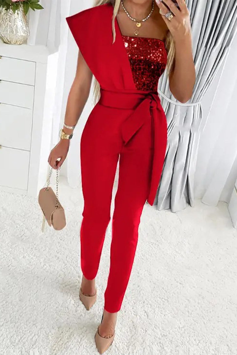 Eleganter Jumpsuit Glitzer Schulter Abendkleid Frauen