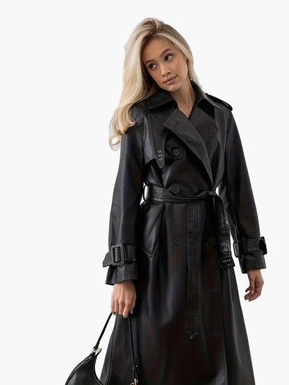 Damen Trenchcoat Lang Gürtetragend Kunstleder Schwarz - BerlinGlamour