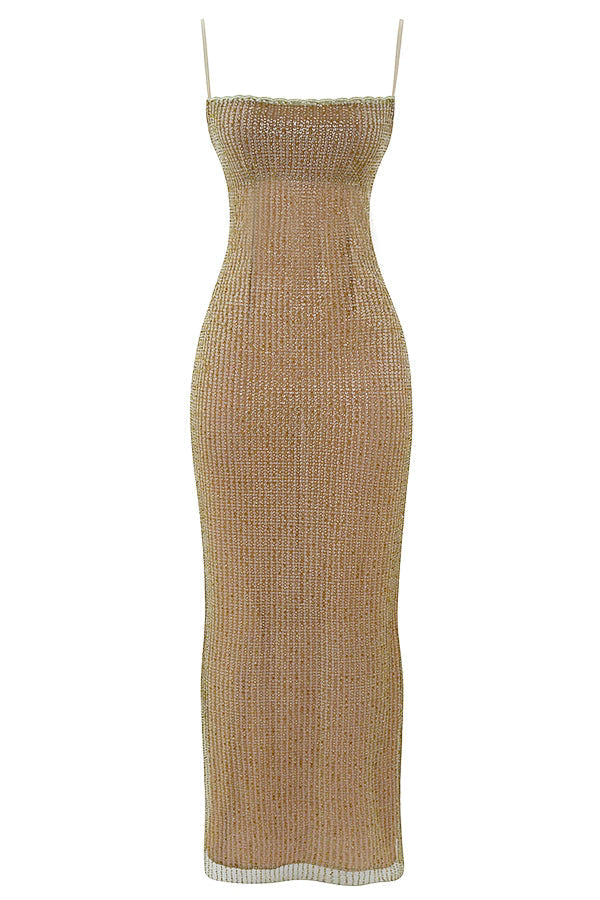 Goldenes Maxi-Kleid mit Pailletten-Schmuck