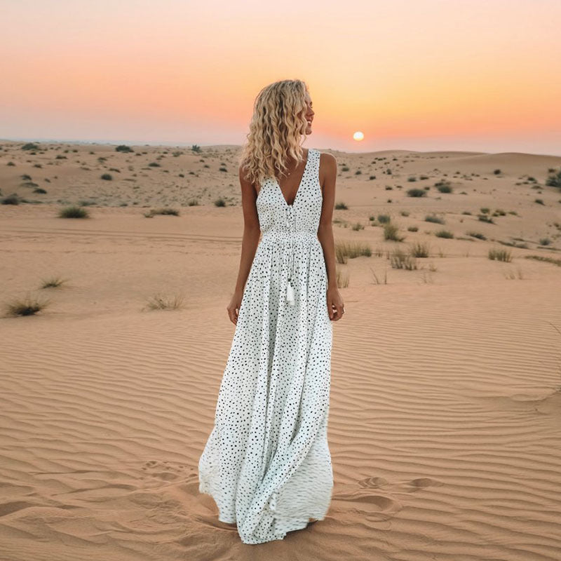 Boho Kleid mit V-Ausschnitt A-Linie Patchwork Design
