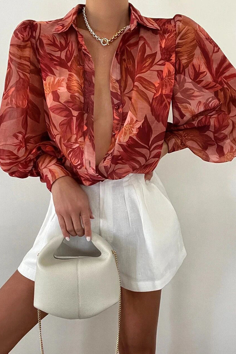 Blumenbluse Damen Puffärmel Sommer Mode