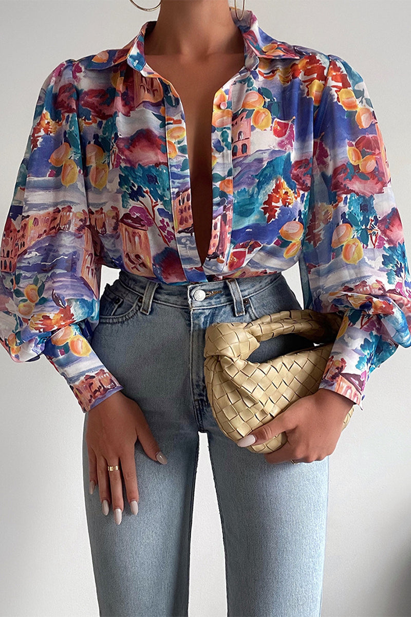 Blumenbluse Damen Puffärmel Sommer Mode
