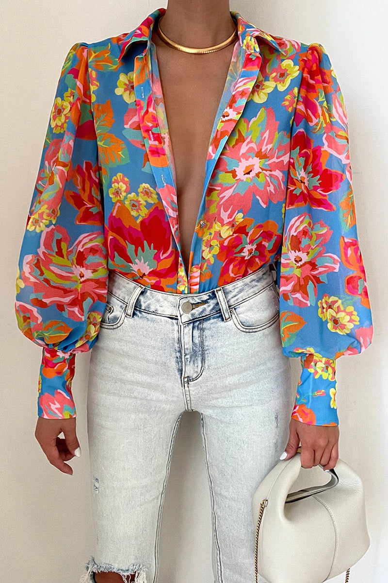 Blumenbluse Damen Puffärmel Sommer Mode