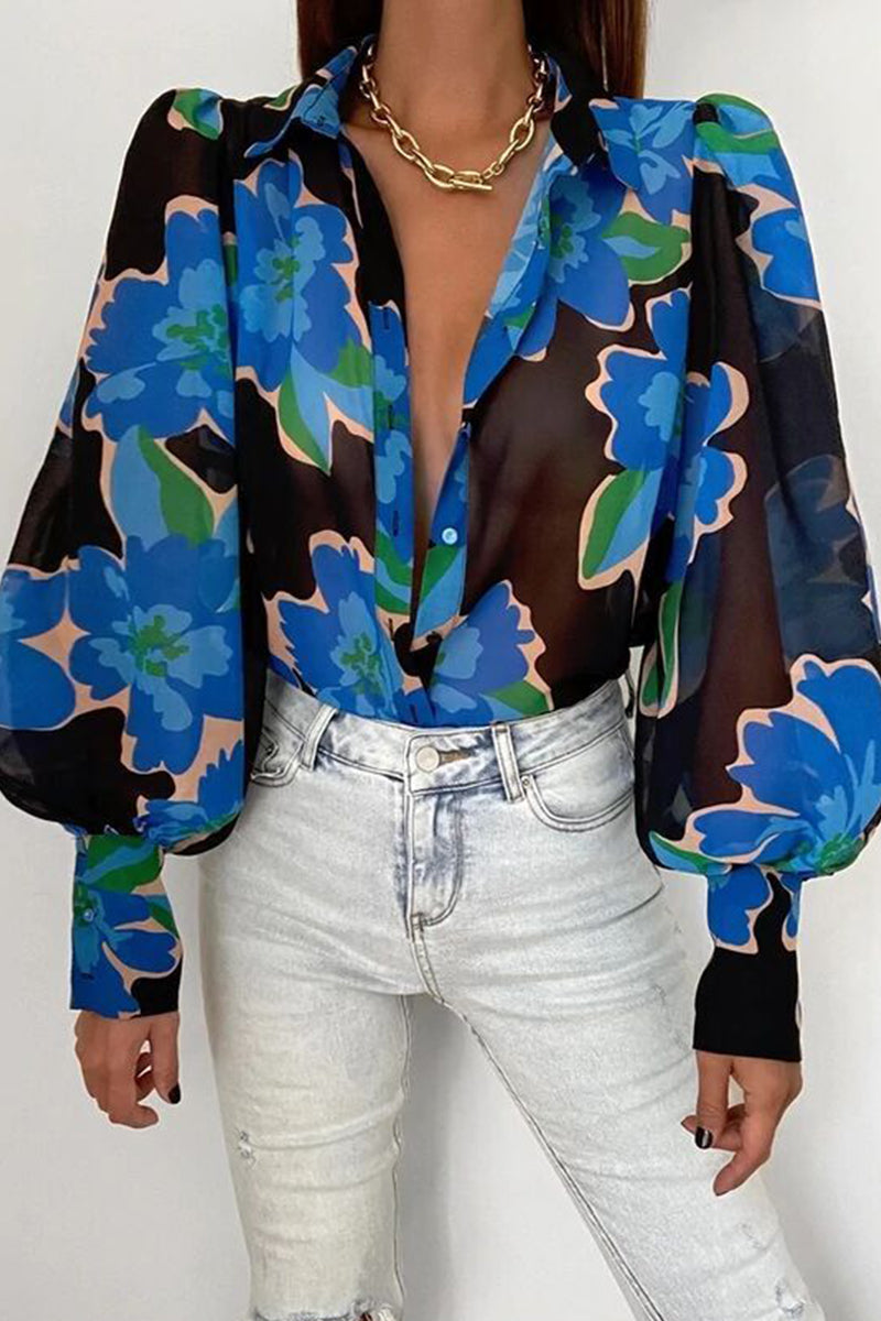 Blumenbluse Damen Puffärmel Sommer Mode