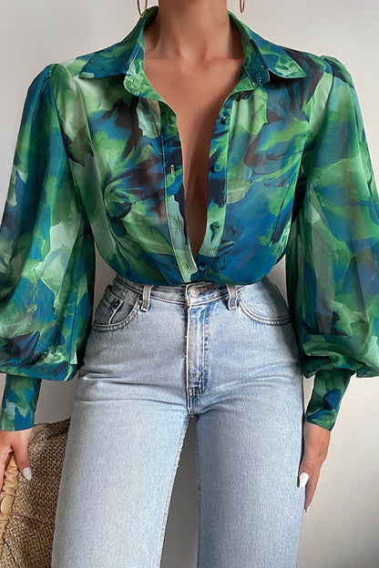 Blumenbluse Damen Puffärmel Sommer Mode