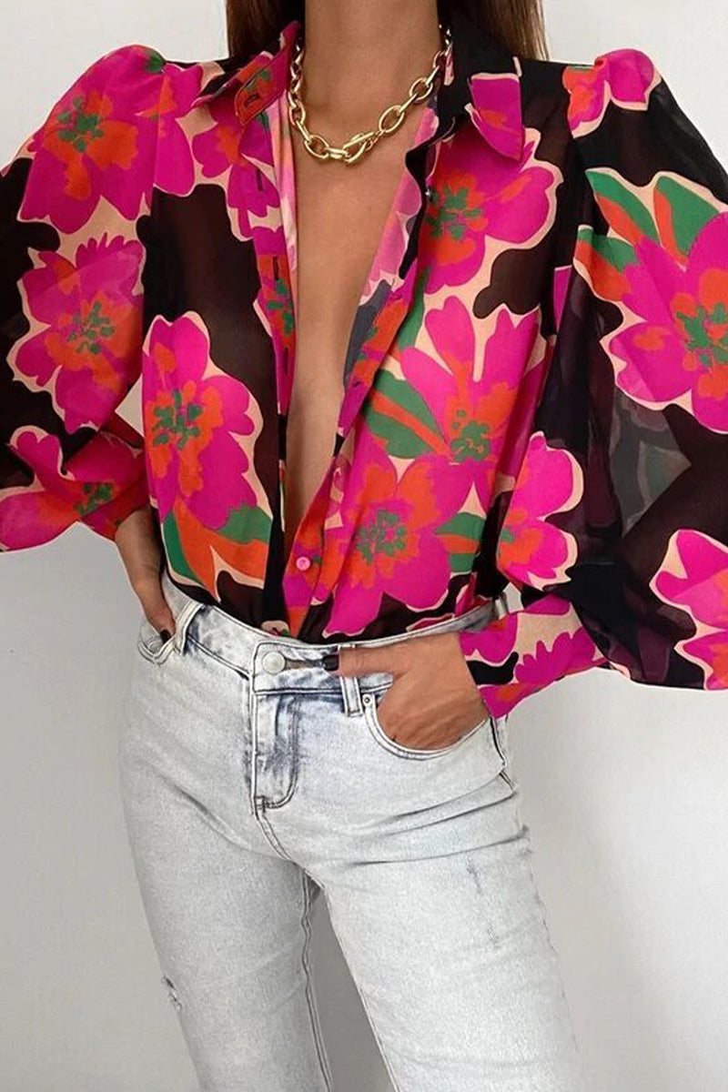 Blumenbluse Damen Puffärmel Sommer Mode