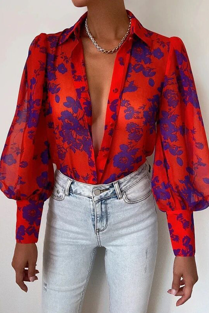 Blumenbluse Damen Puffärmel Sommer Mode