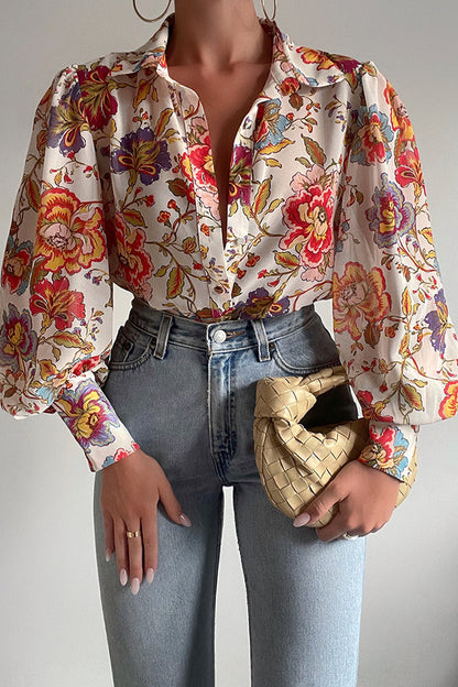 Blumenbluse Damen Puffärmel Sommer Mode