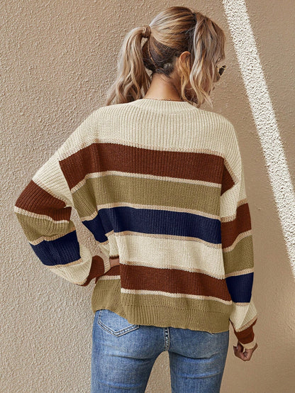 gestreifter oversize damen pullover in creme braun navy, runder ausschnitt