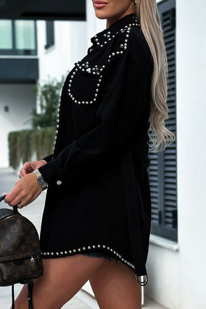 Punk Jeansjacke Nieten Kragen Lange Ärmel Schwarz