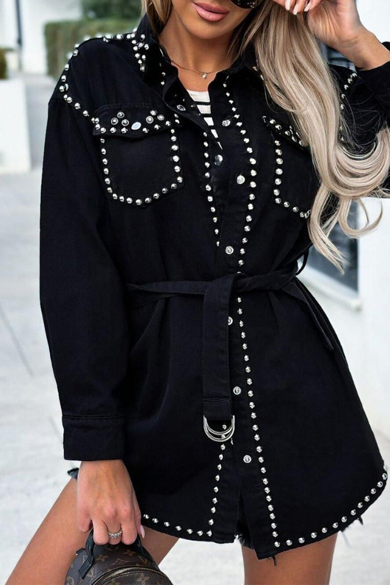 Punk Jeansjacke Nieten Kragen Lange Ärmel Schwarz