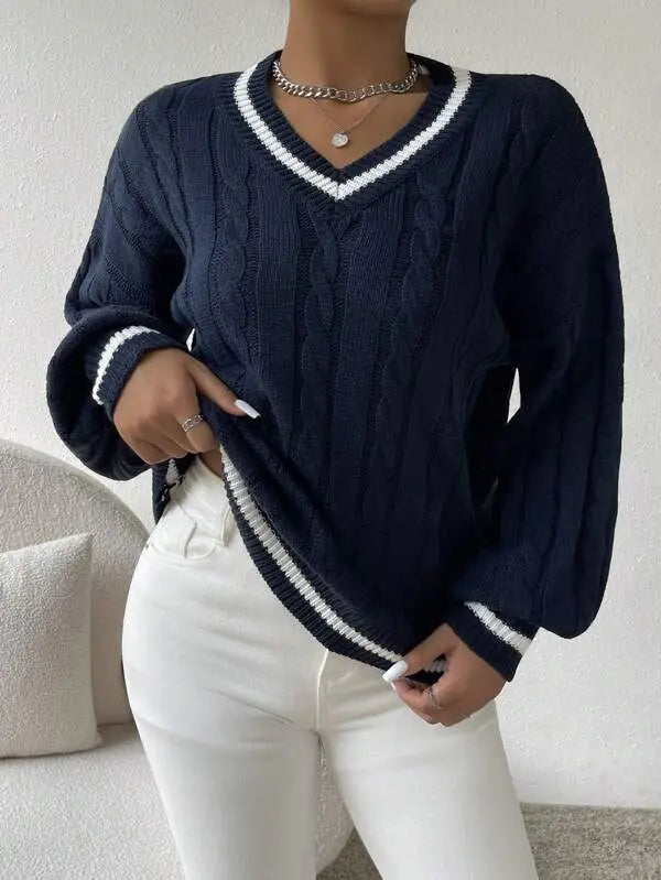 Gestreifter Pullover V-Ausschnitt Kabelstrick Warm - BerlinGlamour
