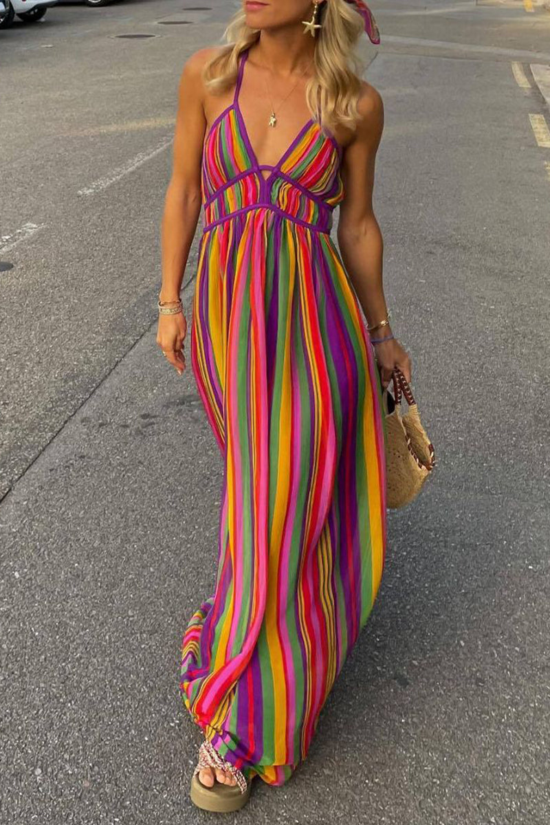 Sexy Sommerkleid Gestreift V-Ausschnitt Damenkleid