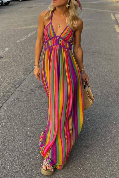 Sexy Sommerkleid Gestreift V-Ausschnitt Damenkleid