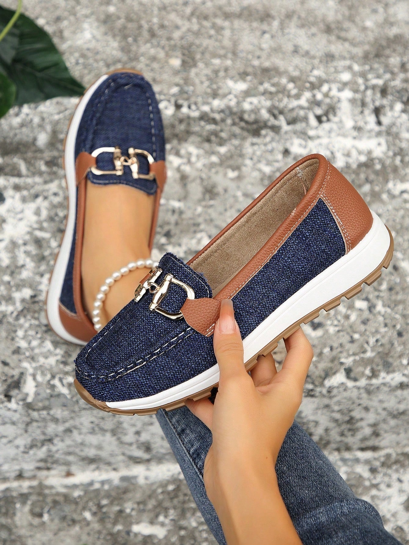 Damen Loafers Elegant Metallbesatz Bequem