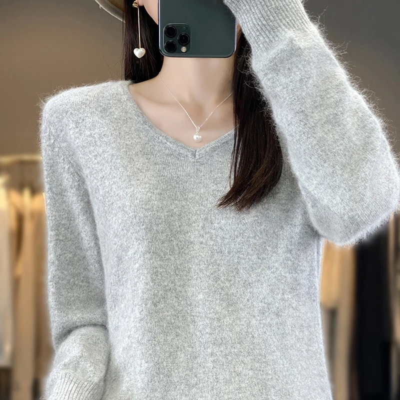 Damen Pullover V-Ausschnitt Weich Leichter Strick