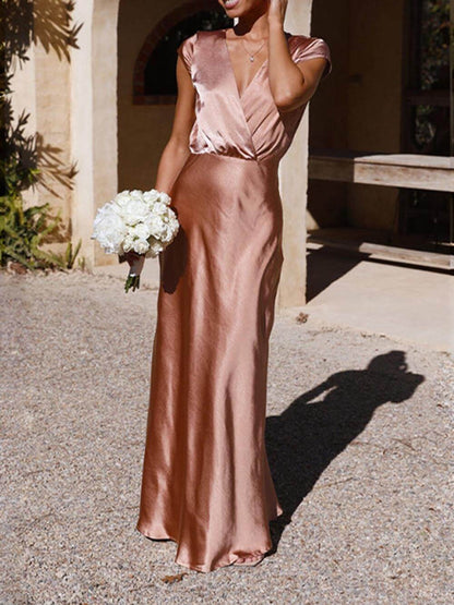Elegantes Maxikleid Damen Satin Fishtail Ausschnitt