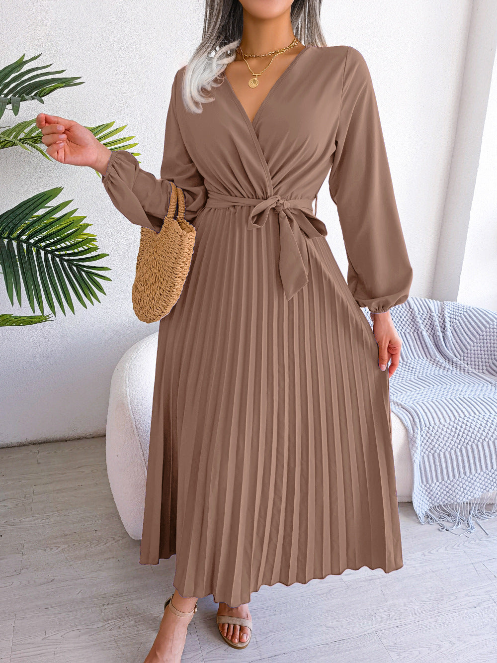 Elegantes Maxikleid Damen Plissee Gürtel Langkleid Schwarz