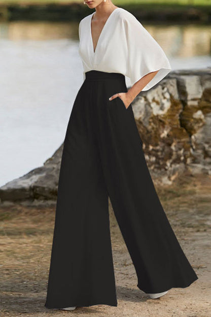 Elegante Jumpsuit mit V-Ausschnitt und Kontrastfarben