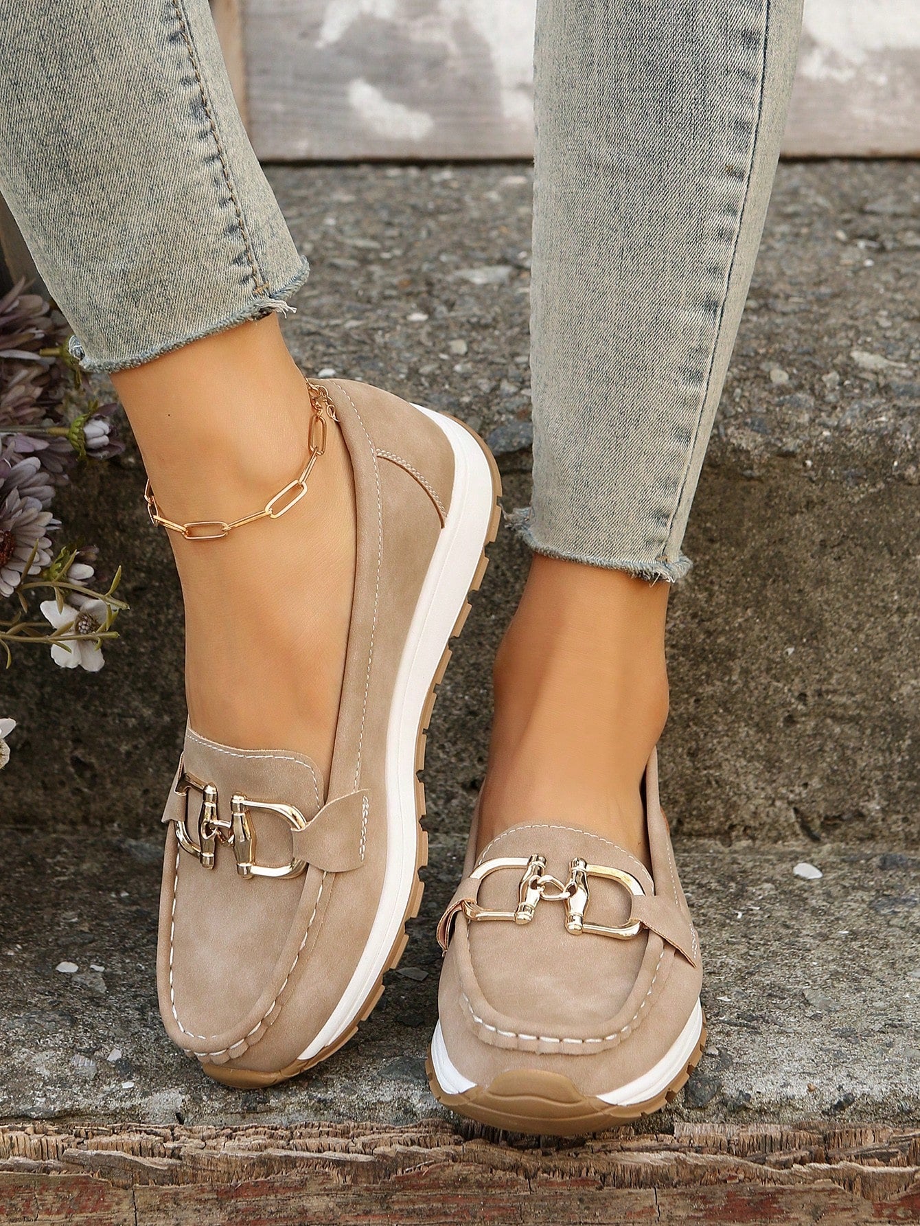 Damen Loafers Elegant Metallbesatz Bequem