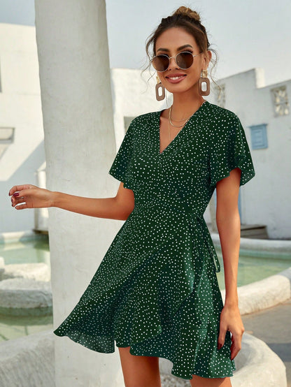 Rotes Sommerkleid mit Punkten Volants Kurz